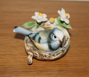 Capodimonte Porcelain Blue Bird In Nest White Florals Figurine Italy 3” - Picture 1 of 10