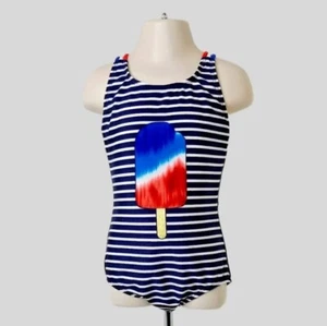 Cat & Jack Girls One Piece Striped Blue White Popsicle Print Swimsuit Size S - Picture 1 of 15