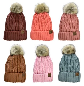 C.C Beanie Pastel Thick Cable Knit Faux Fuzzy Fur Pom Fleece Lined Cuffed Cap - Picture 1 of 47