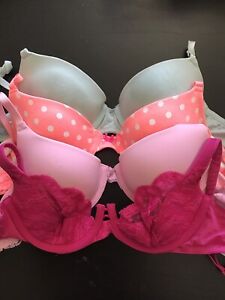 4 Pre Owned Bras 34A Pink Polka Dot Green Lacy