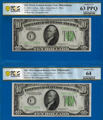 1934 1934A $10 Philadelphia FRN PCGS 63PPQ Rev Changeover Fr 2006-Cm Fr 2005-C - Image 1 of 2