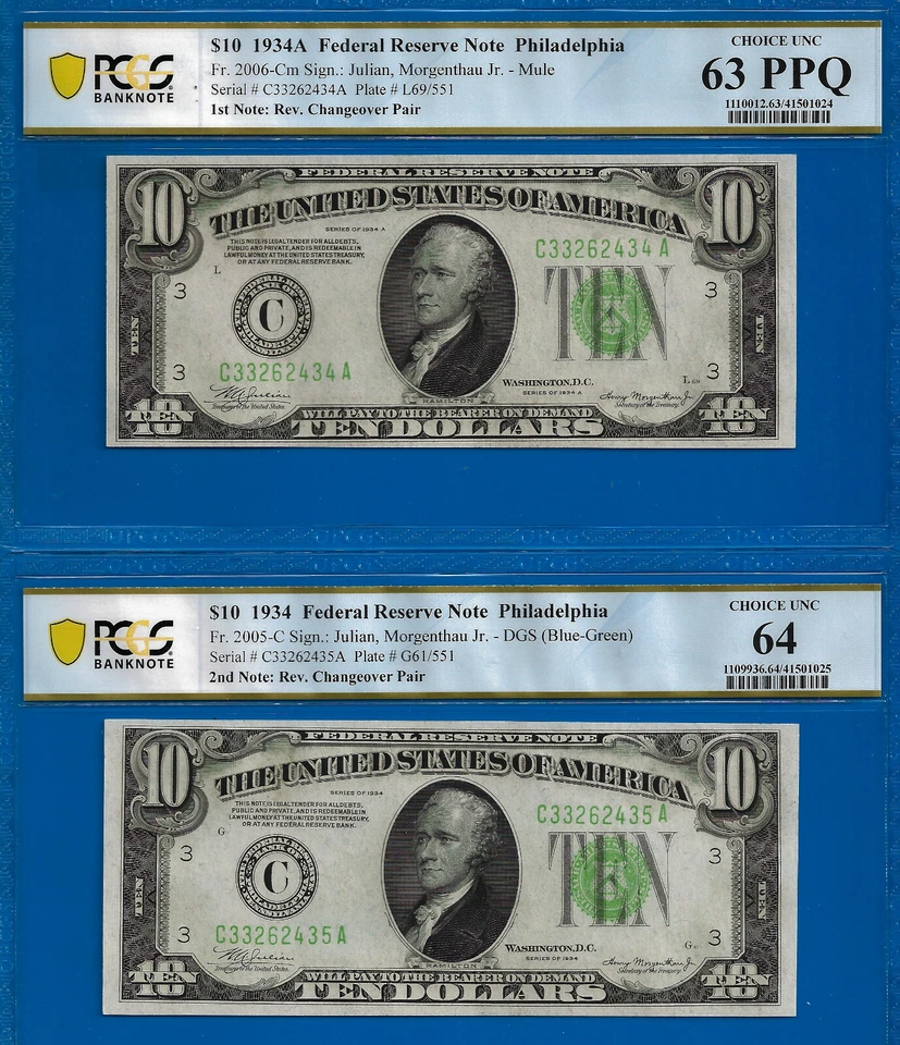 1934 1934A $10 Philadelphia FRN PCGS 63PPQ Rev Changeover Fr 2006-Cm Fr 2005-C - Image 1 of 2