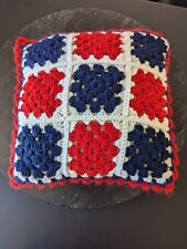 VTG Handmade Crocheted Granny Square-15" Pillow Cover Red White & Blue Americana