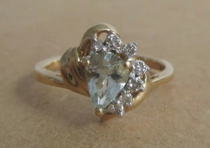 Anillo Oro Amarillo 14K Talla 7 Forma Pera Aguamarina Natural y Diamante Nuevo 2.8g - Imagen 1 de 13