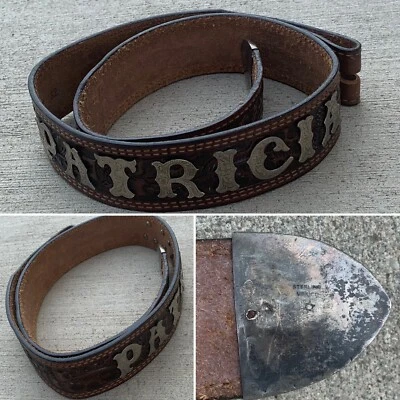 Cinturón de cuero mecanizado vintage PATRICIA punta de cinturón plata estampado ESTERLINA MÉXICO Foto 1 de 4