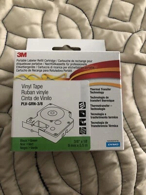 3M & Dymo Rhino PLV-GRN-3/8  3/8" Vinyl Tape Black on Green Label Cartridge 18ft - Image 1 of 4