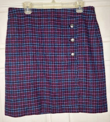 Talbots Nuevo Para Mujer Talla 12 Azul Rojo Rosa Mezcla de Lana a Cuadros Imitación Envoltura Botones Foto 1 de 4