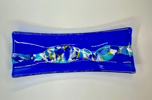 VTG Blue Confetti Fused Art Glass Oblong Tray / Dish, Signed Tim(?) Nauer. - Picture 1 of 14