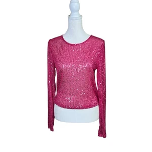 Chelsea & Violet Pink Sequin Top Festive Boxy Layering Semi Sheer Sz Small NEW - Picture 1 of 12