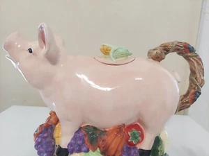 Signature Home Collection 8 Cup Ceramic Pig Pitcher W/ Harvest Vegetable Fruit - Picture 1 of 12