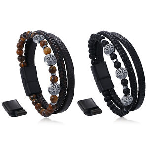 Men's Multi-layer Leather Black Onxy/Tiger Stone Beads Bracelet Magnetic Buckle