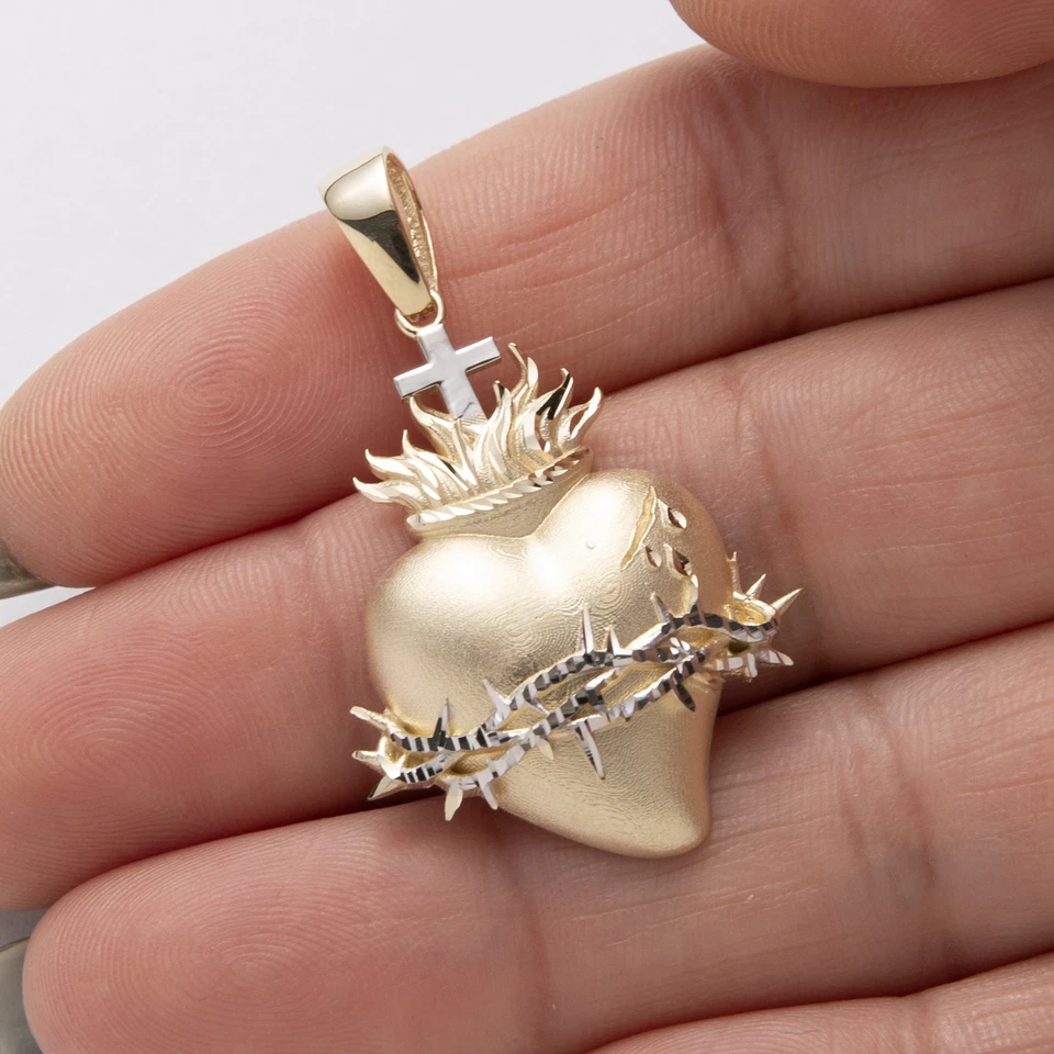 Pingente Sagrado Coração Sagrado Sagrado 1 3/4" Ouro Branco Amarelo 14K - Imagem 1 de 4