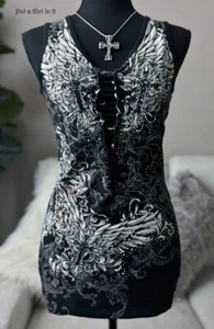 New Womens CRYSTAL BLACK WINGS LASER CUT DEEP V BIKER TANK TOP S M L XL 1X 2X 3X - Picture 1 of 7