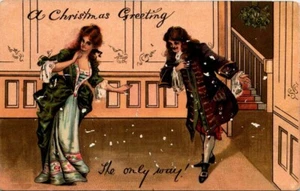 Postal Dividida Pareja Victoriana "¡La única manera!" Saludo de Navidad UNP - Imagen 1 de 2