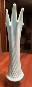 Fenton Blue Satin Glass Pulled Glass Vase, Diamond & Ribbed Pattern, 15” - Picture 1 of 6