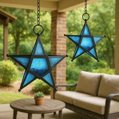 Linternas Velas Estrella Colgante Azul - Paquete de 2 Decorativas para Hogar Patio Foto 1 de 4