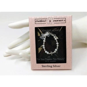 925 Sterling Silver High-End Austrian Simulated Pearl Baptism Cross Bracelet - Picture 1 of 8