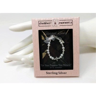 925 Sterling Silver High-End Austrian Simulated Pearl Baptism Cross Bracelet - Image 1 of 4