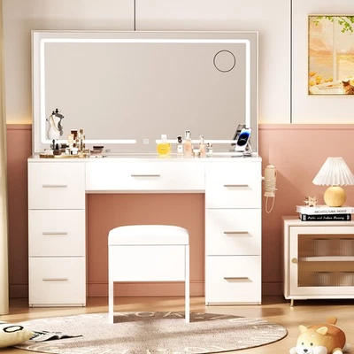 Tocador de escritorio de maquillaje blanco con espejo iluminado LED con toma de corriente Foto 1 de 4
