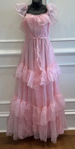 Vintage 70er 80er rosa festliches Kleid Maxi schulterfrei Rüschen Southern Belle (lesen) - Bild 1 von 11