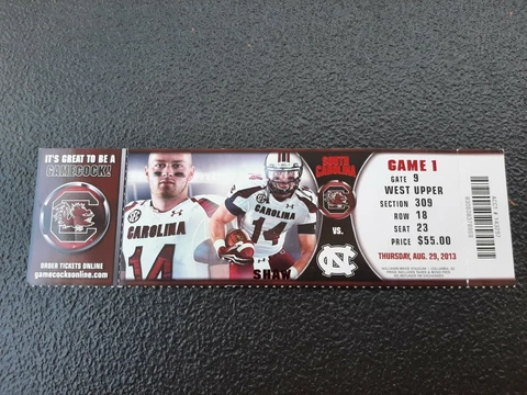 2013 South Carolina Gamecocks/ North Carolina Tarheels Football Ticket Stub NCAA Cover