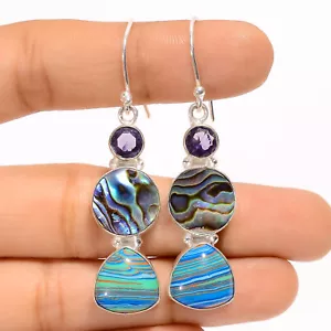 Abalone Shell Rainbow Calsilica Stone Fashion 925 Silver Earrings 2.1" ARE-3866 - Picture 1 of 3