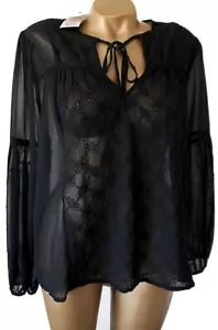 LIPSY Stunning Sheer Black Boho Broderie Smock Long Sleeve Blouse Size 14 BNWT - Picture 1 of 4