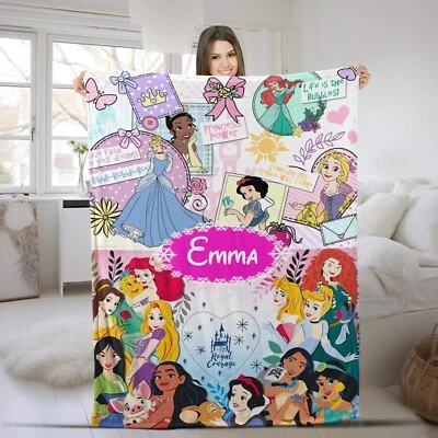 Personalized Disney Princess Plush Fleece Blanket, Custom Name Baby Girl Blanket - Image 1 of 4