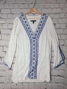 White House Black Market Voile Embroidered Tunic White Ultra Marine Blue Size 4 - Picture 1 of 12
