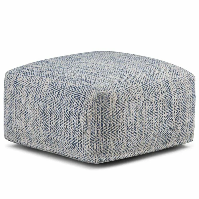 Simpli Home Nate Patterned Square Pouf in Denim Melange