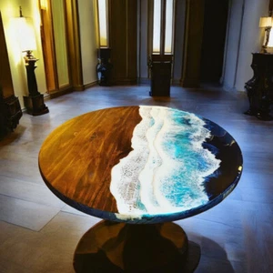 24" Ocean Wave Epoxy Resin Round Coffee Table Luxury Kitchen Furniture Home Deco - Picture 1 of 8