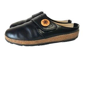 Haflinger Clog Women 11 42 Black Leather Wood Button Mule Cork Sole Comfort Shoe - Picture 1 of 17
