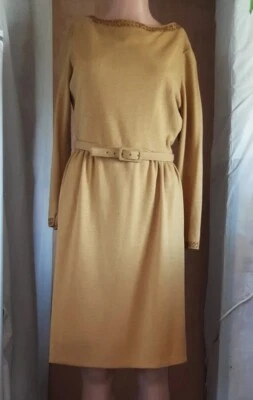 Jeanne D'arc Pleated Belted Dress VTG Mustard Yellow Estimated S USA Made - Image 1 of 4