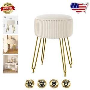 Elegant Velvet Round Storage Ottoman with Golden Legs - Stylish Footrest & Stool - Picture 1 of 11