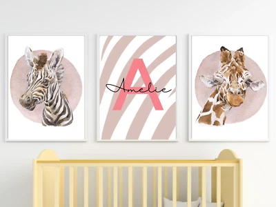 Selva Safari Animales Guardería Impresiones Artísticas, Rosa Estampado Personalizado para Habitación Bebés Foto 1 de 4