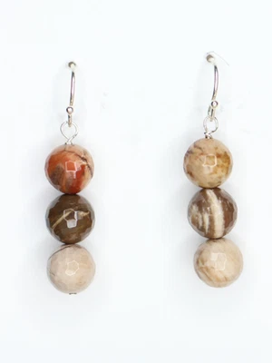 Pendientes de madera petrificada 8 mm bola facetada piedras preciosas .925 plata de ley 1 1/2" Foto 1 de 4