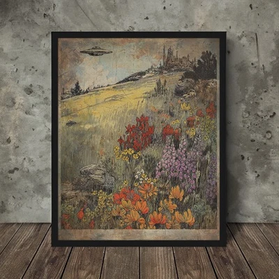 Arte de pared botánico OVNI de colección, póster de flores alienígenas de ciencia ficción NHI, decoración floral UAP Foto 1 de 4