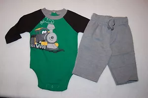 Baby Boys Outfit GREEN L/S SHIRT Layered TRAIN ENGINE Gray Sweat Pants 0-3 Mo - Picture 1 of 1