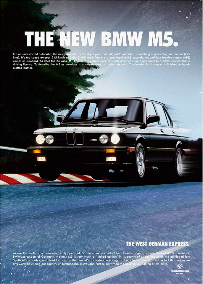 BMW the New M5 Pirelli Vintage Ad Poster 12x16 Reprint Fastest Performance Tires