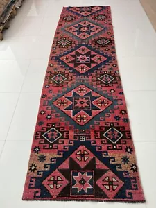 Tappeto Runner Vintage 3x10 Fatto a Mano, Tappeto Lana Turco Oushak, Runne Rosa Blu Beige - Foto 1 di 10