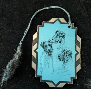 Vintage Bridge Tally Card Blue Black 3 Terrier Dogs Geometric Art Deco Border  - Picture 1 of 5