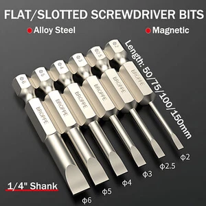 1/4" Shank Flat/Slotted Screwdriver Bits Magnetic Drive Drill Bits Ø 2/2.5/3~6mm - Picture 1 of 31