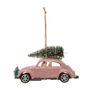 4" Pink Glitter Beetle Car Santa Bottle Brush Tree Ornament Vntg Christmas Decor