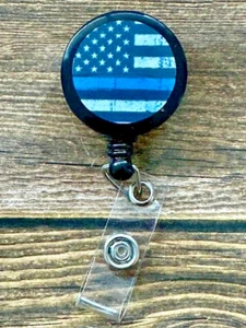 Black Retractable I.D. Badge Reel Thin Blue Line Police Wife Star Stripe LEO RTS - Picture 1 of 1