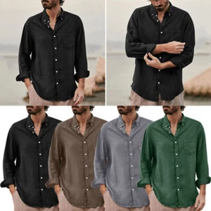 Mens Casual Cotton Linen Shirt Long Sleeve Loose Blouse Button Down Shirts Tops, - Picture 1 of 17