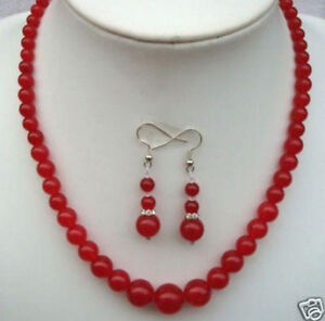 6-14mm Natural Red Jade Round Beads Necklace 18" Earrings Set