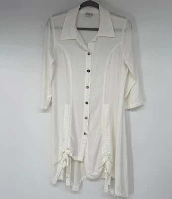 Vestido túnica camisa C.M.C feminino pequeno branco gravata frente botão madrepérola EUA - Imagem 1 de 4