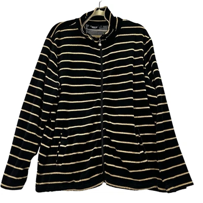 Women Velour Sweatshirt 2XL Plus Size Jacket Black Gold Shimmer Stripe Full Zip - Image 1 of 4