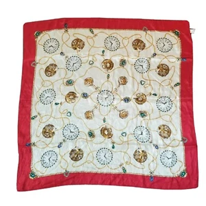 Vtg Silk Scarf Antique Clocks Watches Chains Beige Gold Red 31x31 made in Japan  - Picture 1 of 10