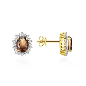 PENDIENTES RYLOS CUARZO AHUMADO Y PIEDRAS PRECIOSAS DIAMANTES CHAPADOS EN ORO AMARILLO PLATA - Imagen 1 de 5